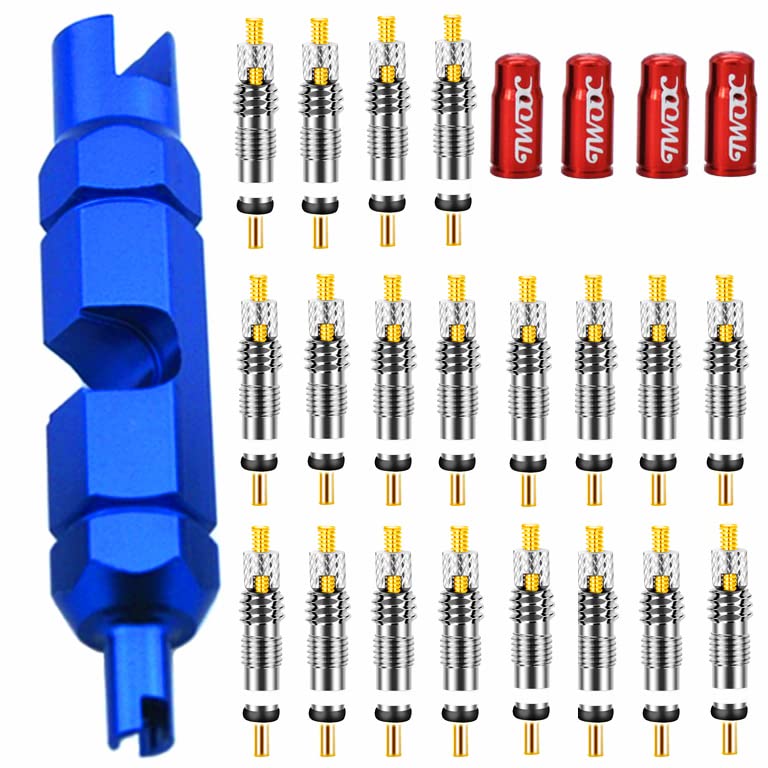 Aracey 20 Pieces Presta Valve Core 4 Pieces Alloy Presta Valve Caps with Valve Core Remover Tool - Image 1